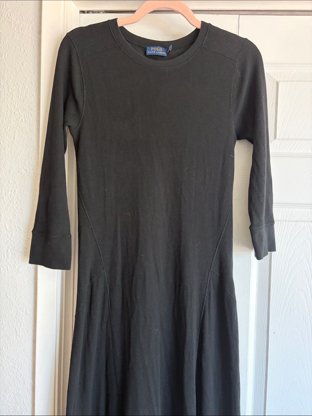 POLO RALPH LAUREN Waffle-Knit Midi Maxi Dress in Black 3/4 sleeves - Picture 6 of 12